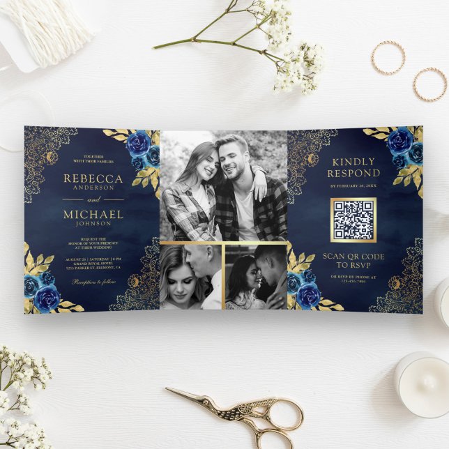 Invitation Trois Volets Mariage Code QR Broderie Dorée Fleurie Bleu Marine (Créateur téléchargé)