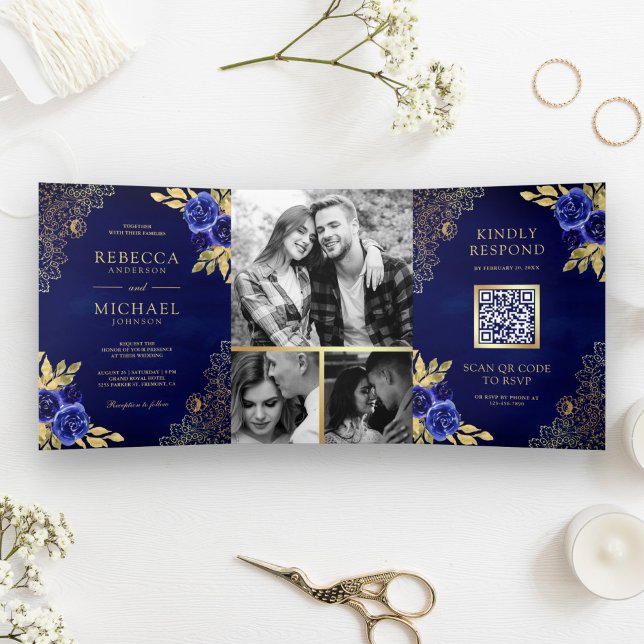Invitation Trois Volets Mariage Code QR Broderie Dorée Fleurie Bleu Royal (Créateur téléchargé)