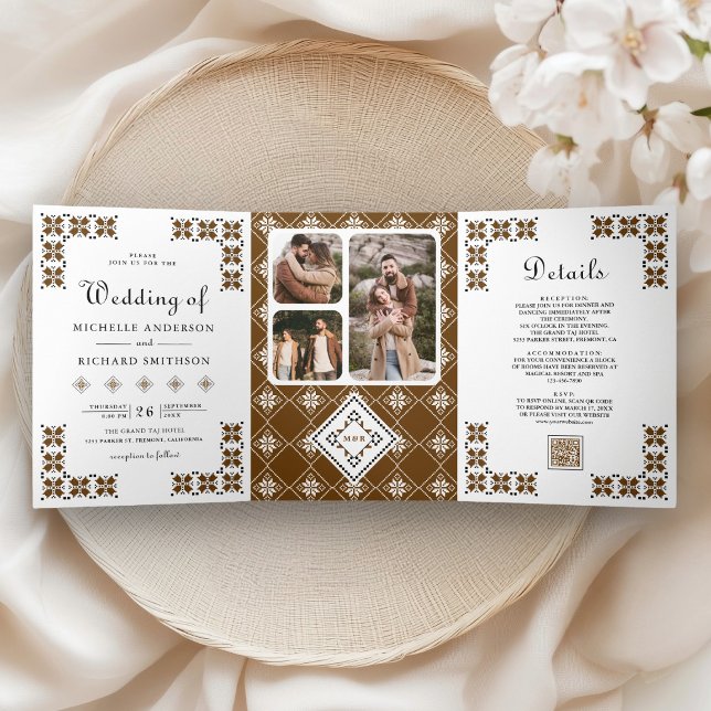 Invitation Trois Volets Mariage Code QR Broderie Ukrainienne Marron Noir (Créateur téléchargé)