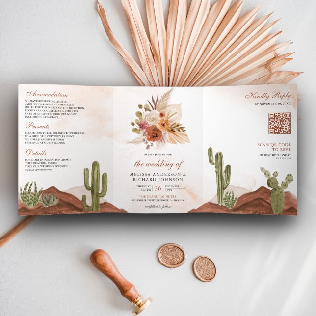Invitation Trois Volets Mariage Code QR Cactus Désert Floral Terracotta (Créateur téléchargé)