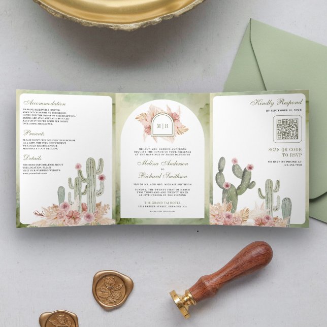 Invitation Trois Volets Mariage Code QR Cactus Floral Boho Rose (Créateur téléchargé)