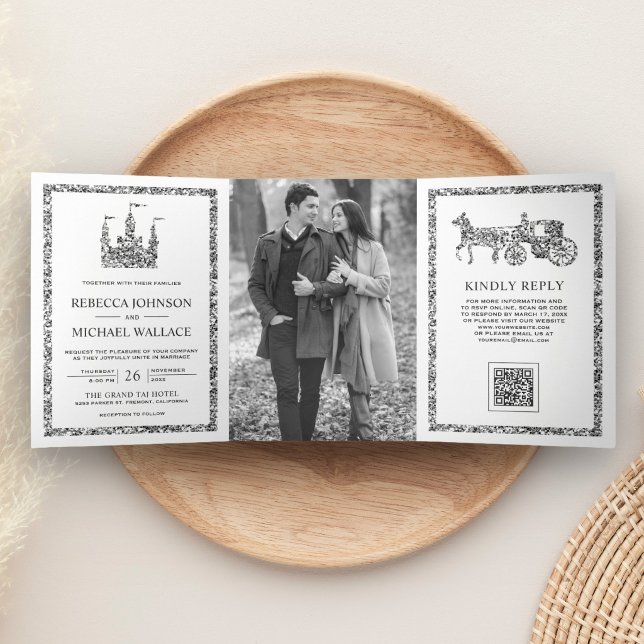 Invitation Trois Volets Mariage Code QR Carrosse de Château de Contes de F (Créateur téléchargé)
