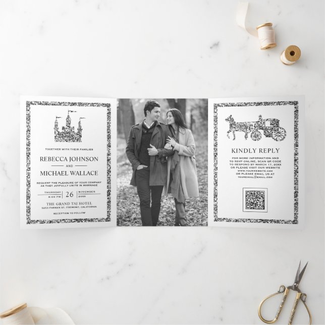 Invitation Trois Volets Mariage Code QR Carrosse de Château de Contes de F (Intérieur)