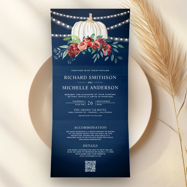 Invitation Trois Volets Mariage Code QR Citrouille Blanche Floral Bourgogn (Créateur téléchargé)