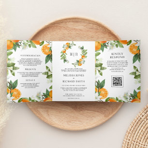 Invitation Trois Volets Mariage Code QR Citrus Orange Tangerine Rustique