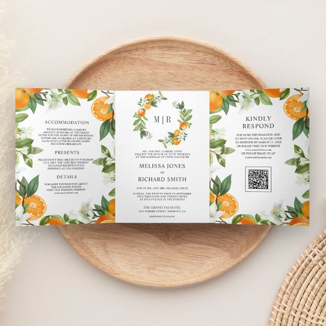 Invitation Trois Volets Mariage Code QR Citrus Orange Tangerine Rustique (Créateur téléchargé)