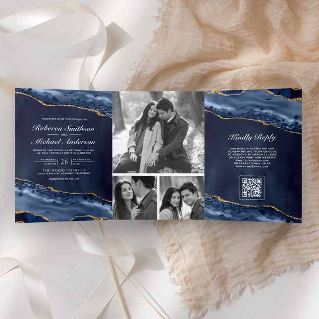 Invitation Trois Volets Mariage Code QR Collage Photo Agate Or Bleu Marine (Créateur téléchargé)