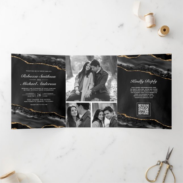 Invitation Trois Volets Mariage Code QR Collage Photo Agate Or Charbon (Intérieur)