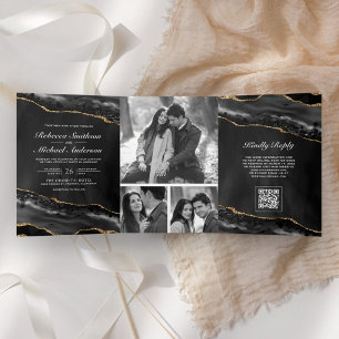 Invitation Trois Volets Mariage Code QR Collage Photo Agate Or Charbon