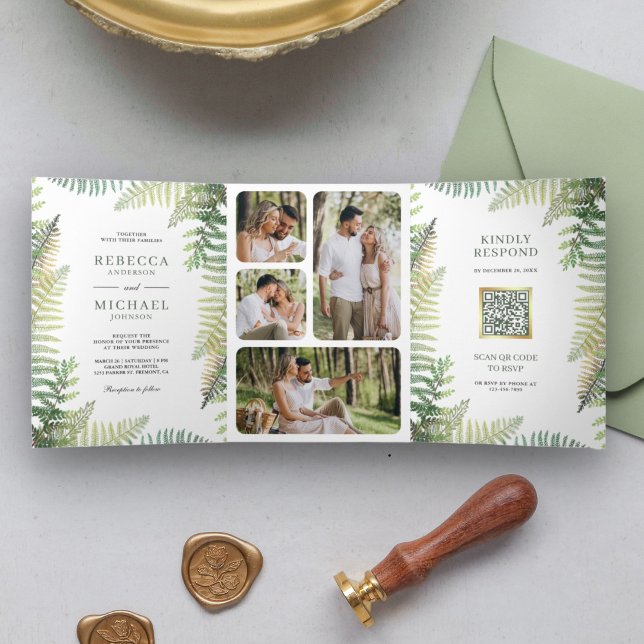 Invitation Trois Volets Mariage Code QR Collage Photo de Fougères Vertes L (Créateur téléchargé)