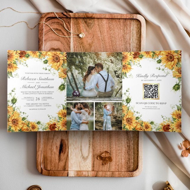 Invitation Trois Volets Mariage Code QR Collage Photo de Tournesols Rustiq (Créateur téléchargé)