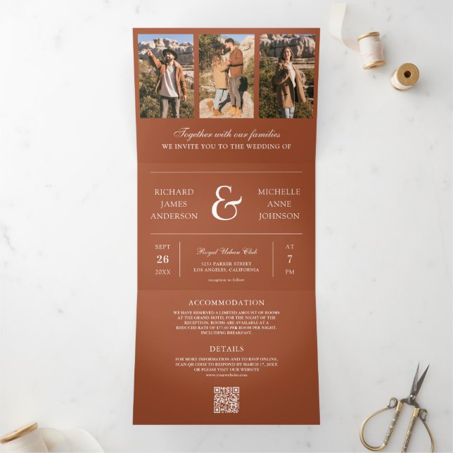 Invitation Trois Volets Mariage code QR Collage Photo en Terracotta (Intérieur)