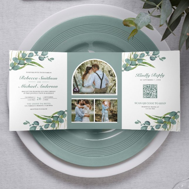 Invitation Trois Volets Mariage Code QR Collage Photo Eucalyptus Rustique (Créateur téléchargé)
