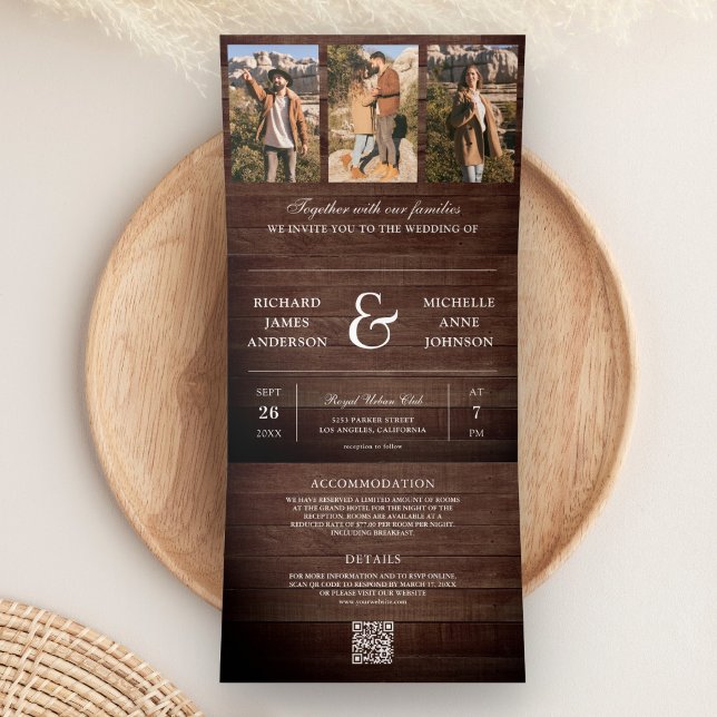Invitation Trois Volets Mariage Code QR Collage Photo Minimal Bois de Gran (Créateur téléchargé)