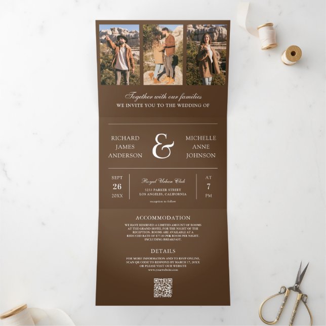 Invitation Trois Volets Mariage Code QR Collage Photo Minimal Brun (Intérieur)