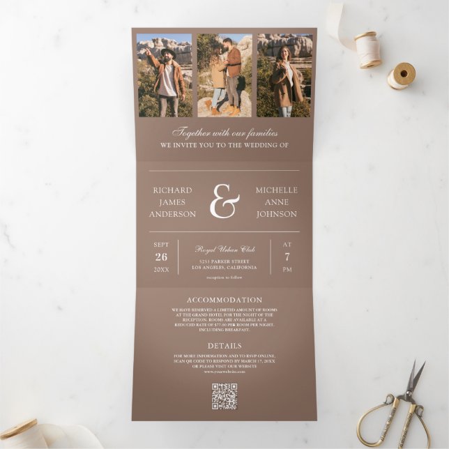 Invitation Trois Volets Mariage Code QR Collage Photo Minimal Brun Moka (Intérieur)