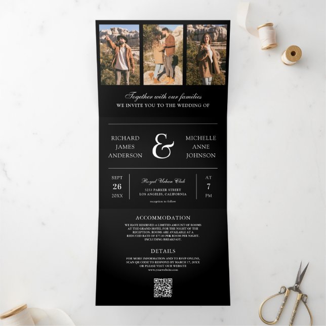 Invitation Trois Volets Mariage Code QR Collage Photo Minimal Noir (Intérieur)