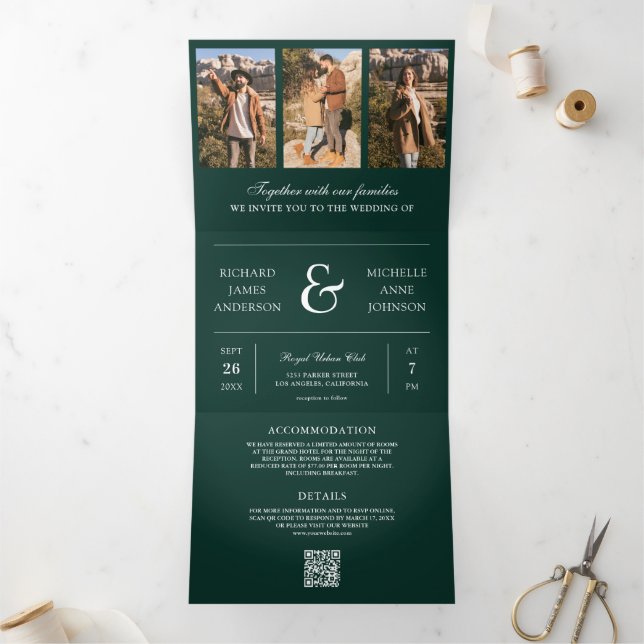 Invitation Trois Volets Mariage Code QR Collage Photo Vert Emeraude (Intérieur)