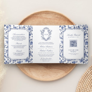 Invitation Trois Volets Mariage Code QR Crête Chinoiserie Bleu et Blanc