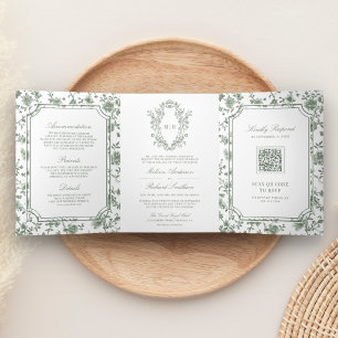 Invitation Trois Volets Mariage Code QR Crête Chinoiserie Verte Sauge Blan