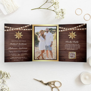 Invitation Trois Volets Mariage Code QR de la Roue de Bateau en Bois Doré