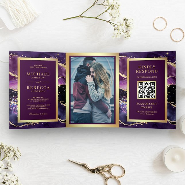 Invitation Trois Volets Mariage Code QR de Marbre Or Violet Prune (Créateur téléchargé)