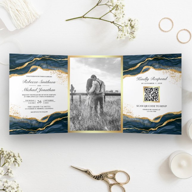 Invitation Trois Volets Mariage Code QR Encre Abstraite Bleu Nuit Or (Créateur téléchargé)