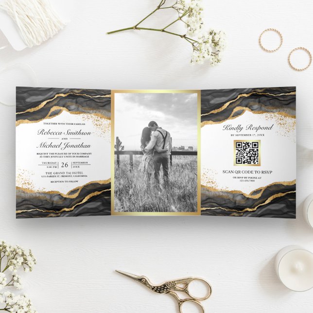 Invitation Trois Volets Mariage Code QR Encre Abstraite Or Noir (Créateur téléchargé)