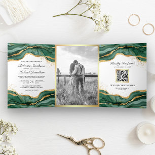 Invitation Trois Volets Mariage Code QR Encre Abstraite Or Vert Emeraude