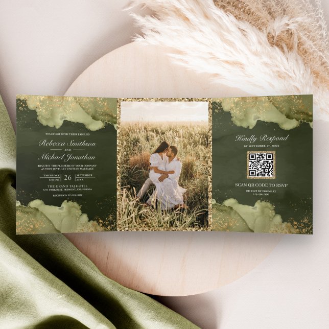 Invitation Trois Volets Mariage Code QR Encre Abstraite Vert Sage Doré (Créateur téléchargé)