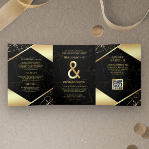 Invitation Trois Volets Mariage Code QR Esperluette Marbre Or Noir