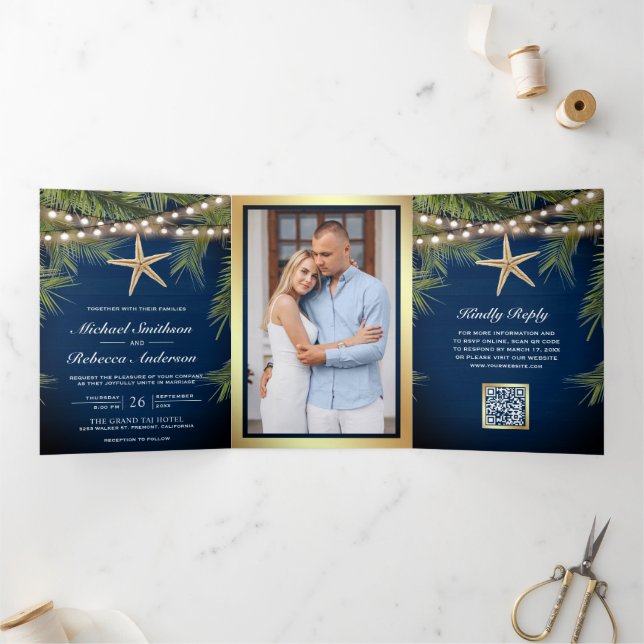 Invitation Trois Volets Mariage Code QR Étoile de Mer Feuilles de Palmier  (Intérieur)