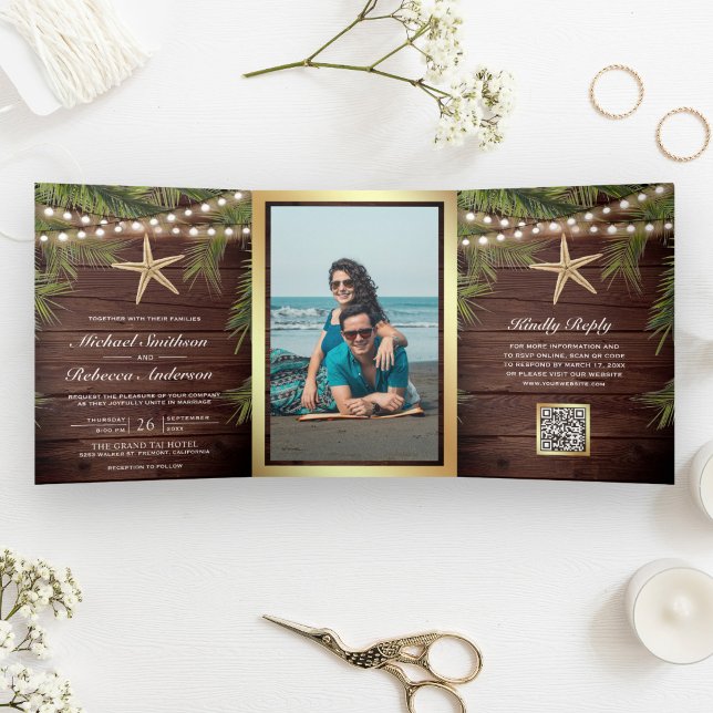 Invitation Trois Volets Mariage Code QR étoile de mer feuilles de palmier  (Créateur téléchargé)
