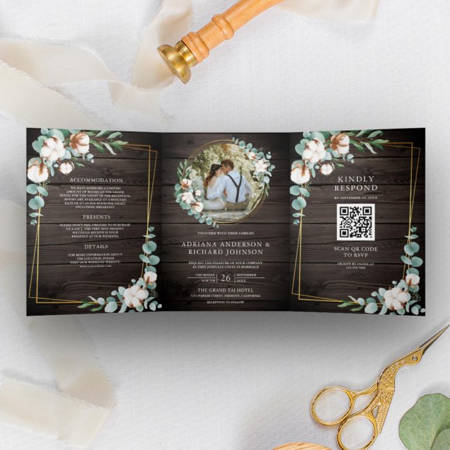 Invitation Trois Volets Mariage Code QR Eucalyptus Coton Or Bois Rustique (Créateur téléchargé)