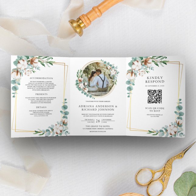 Invitation Trois Volets Mariage Code QR Eucalyptus Coton Or Rustique (Créateur téléchargé)