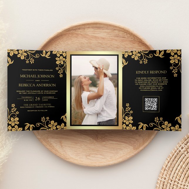 Invitation Trois Volets Mariage Code QR Feuilles Florales Or Noir (Créateur téléchargé)