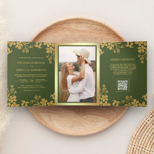 Invitation Trois Volets Mariage Code QR Feuilles Florales Or Vert Olive