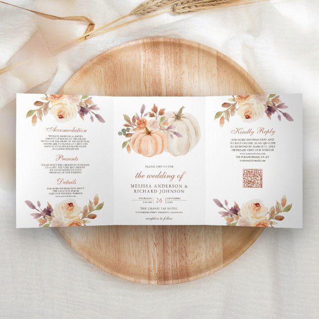 Invitation Trois Volets Mariage Code QR Fleur de Pêche Terreux Poussiéreux (Créateur téléchargé)