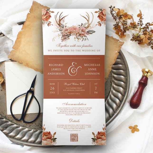 Invitation Trois Volets Mariage Code QR Fleurs de Terracotta Terreuse Bois (Créateur téléchargé)