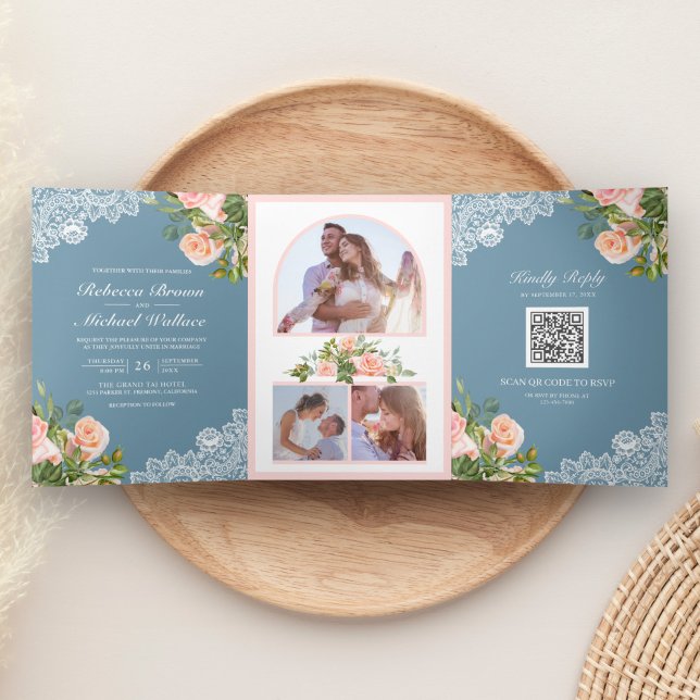 Invitation Trois Volets Mariage Code QR Fleurs Dentelle Rose Pâle Bleu Pou (Créateur téléchargé)