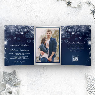 Invitation Trois Volets Mariage Code QR Flocons de Neige Merveilleux Hiver