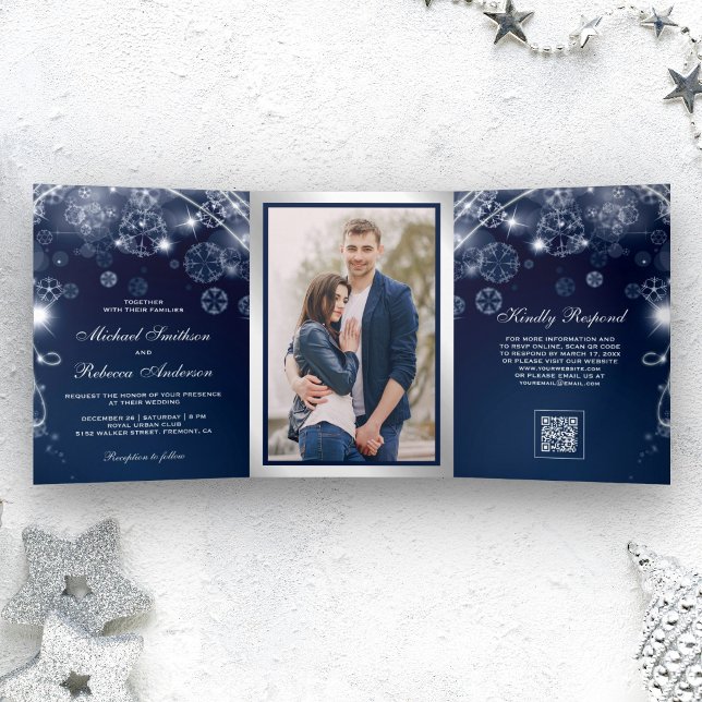 Invitation Trois Volets Mariage Code QR Flocons de Neige Merveilleux Hiver (Créateur téléchargé)