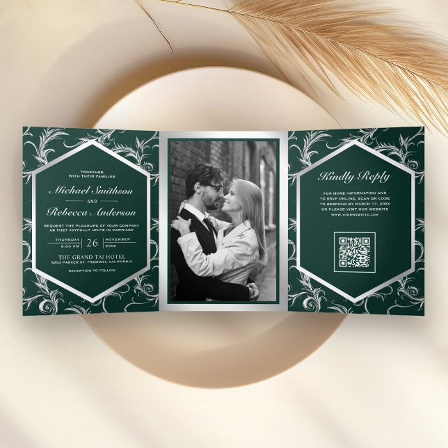 Invitation Trois Volets Mariage Code QR Floraison Argent Vert Emeraude (Créateur téléchargé)
