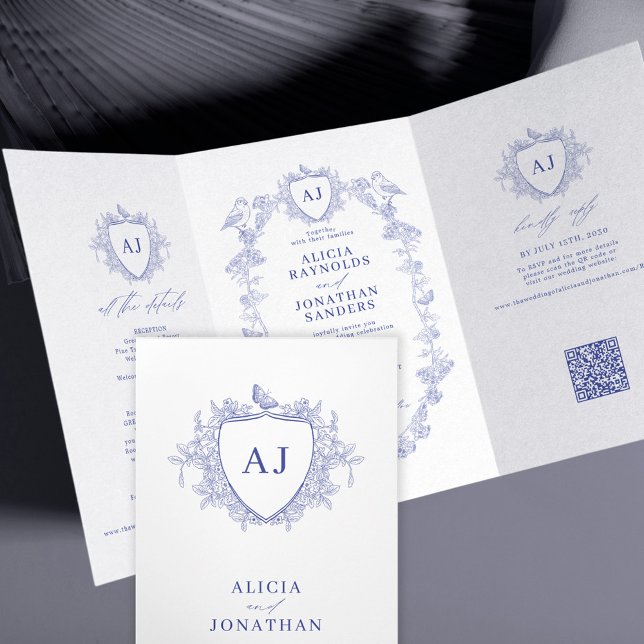 Invitation Trois Volets Mariage code QR floral bleu classique français (Créateur téléchargé)