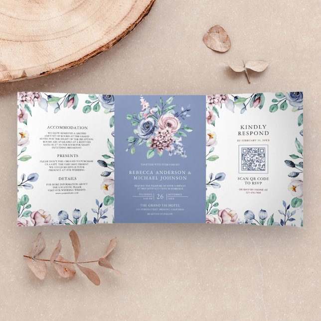 Invitation Trois Volets Mariage Code QR Floral Bleu Pervenche Poussiéreux  (Créateur téléchargé)