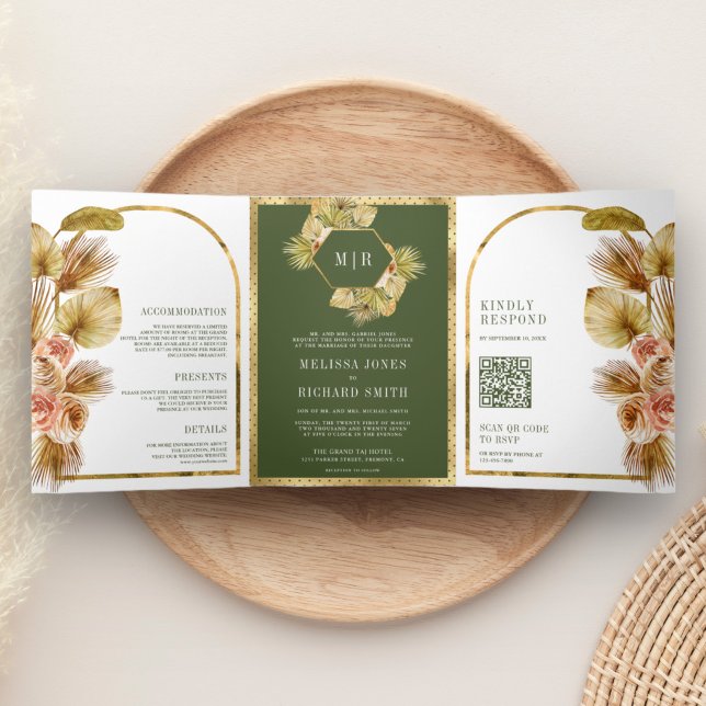 Invitation Trois Volets Mariage Code QR Floral Bohème Terreux Vert Olive (Créateur téléchargé)