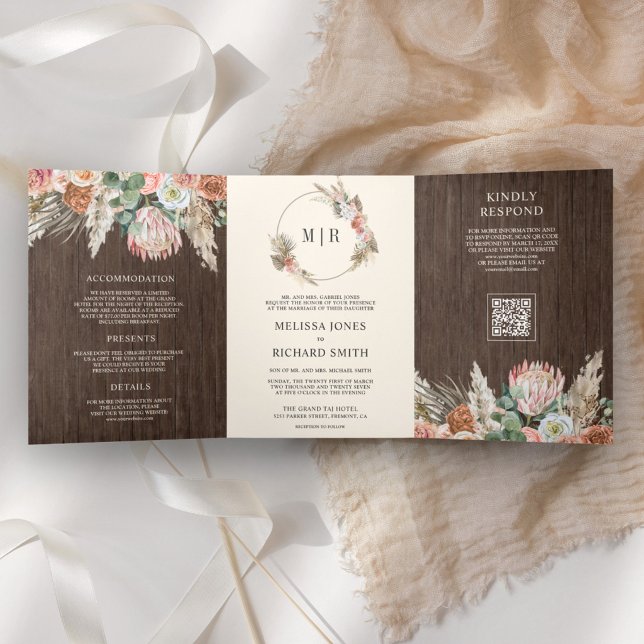 Invitation Trois Volets Mariage Code QR Floral Boho Pampas Bois Terre (Créateur téléchargé)