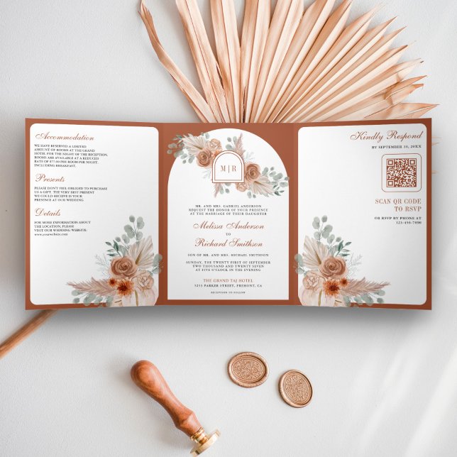 Invitation Trois Volets Mariage code QR Floral Boho Terracotta Pampas (Créateur téléchargé)