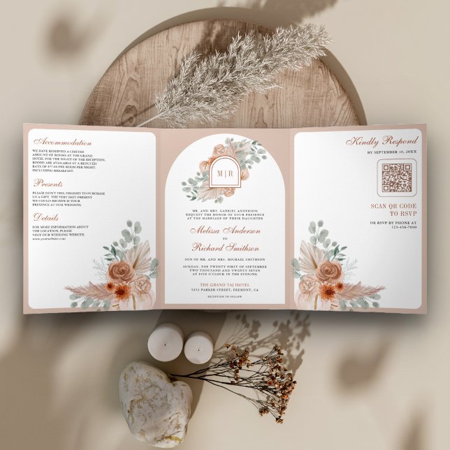 Invitation Trois Volets Mariage code QR Floral Boho Terracotta Pampas (Créateur téléchargé)
