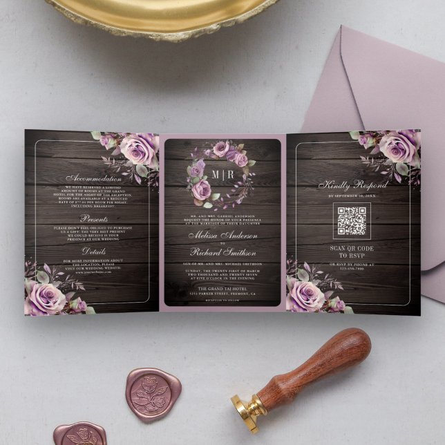 Invitation Trois Volets Mariage Code QR Floral Bois Rustique Violet Poussi (Créateur téléchargé)